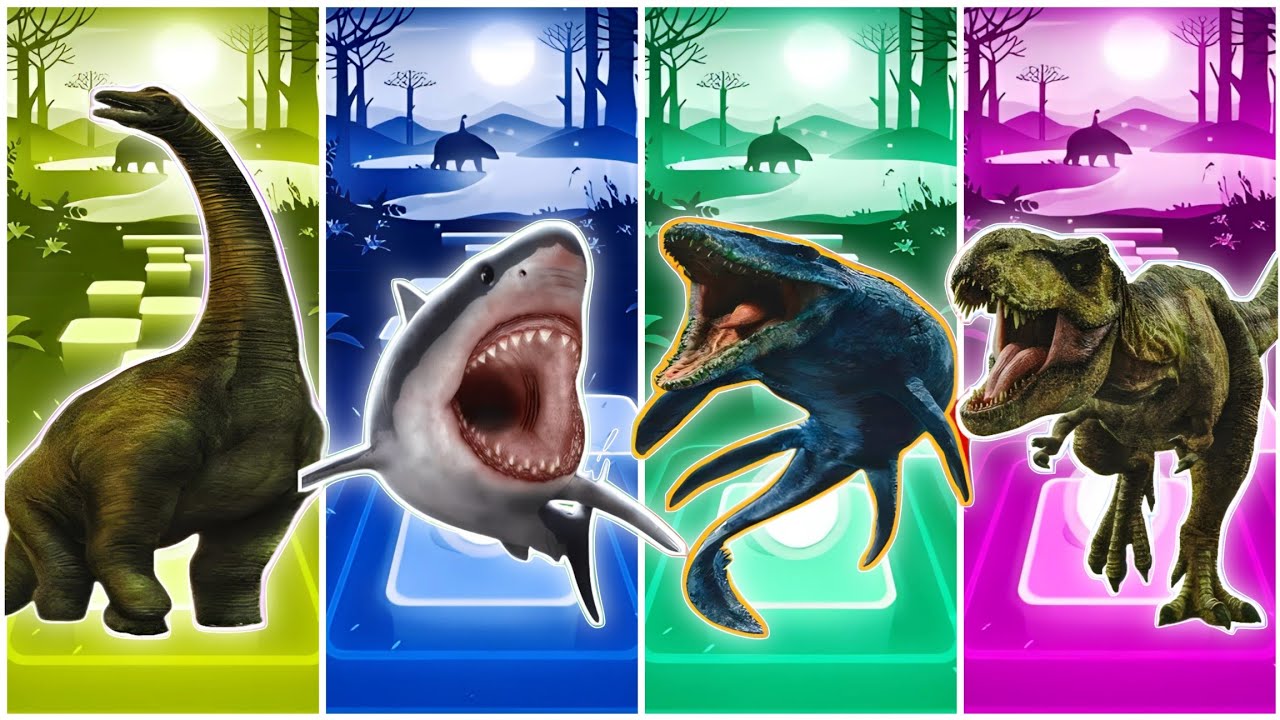 JurassicWorld T-rex Spider🆚The Mosasaurus🆚The Tyranosaurus🆚The Insdoraptor CoffinDance Song TilesHop