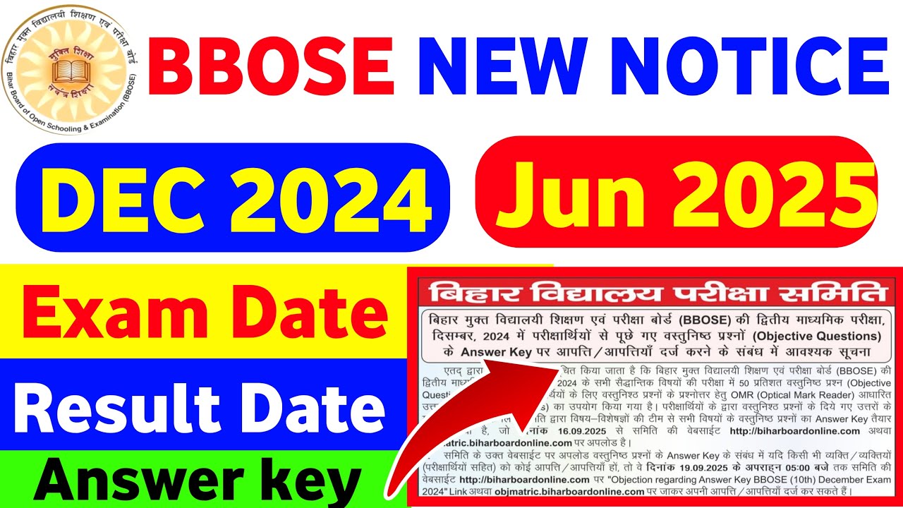 BBOSE NEW NOTICE | DEC 2024 Result Date | Jun 2025 Exam Date | Dec 2024 Answer key upload |