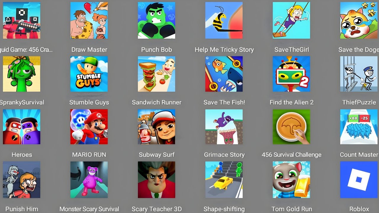 Minecraft,Bowmasters,Zombies Tsunam,Roblox,Mario Run,Scary Teacher 3D,Help Me Tricky Puzzle,HCR 2