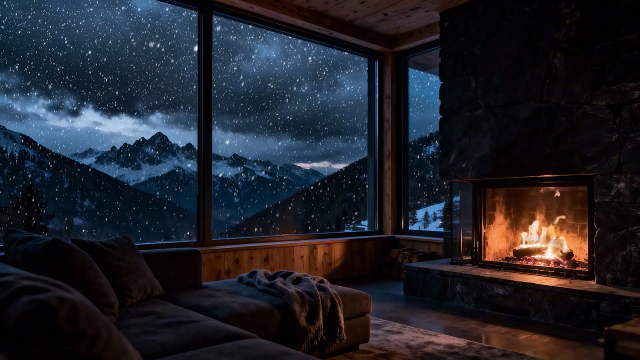 Cozy Mountain Cabin Fireplace – 8 Hours Warm Fire & Snowy Mountain View Ambience