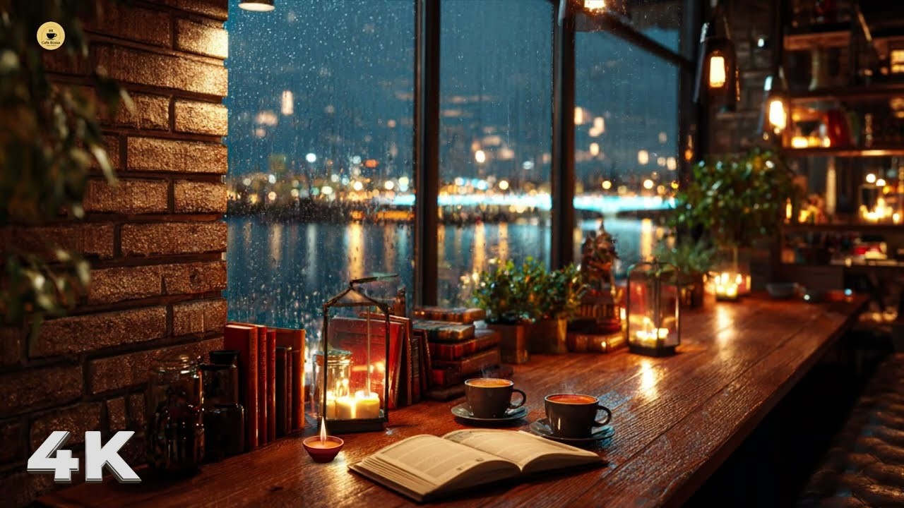 A Rainy Day in 4K Cozy Coffee Shop ❄ Background Instrumental to Relax, Study, Work
