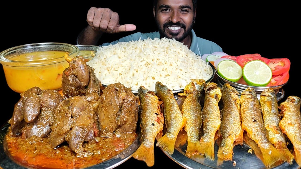 Eating Spicy Chicken Liver Gizzard Curry with Dal  Rice | Parse Fish Fry & Salad Mukbang 