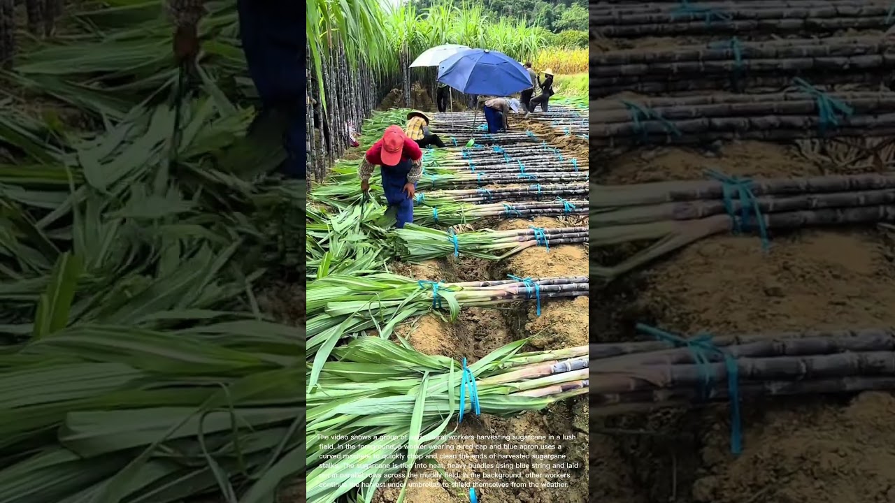 Sugarcane Harvesting: Workers Cut and Bundle Fresh Sugarcane in the Field