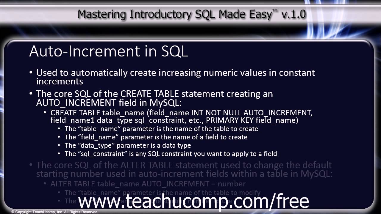 SQL Training - Structured Query Language Tutorial - Auto-Increment in SQL Lesson