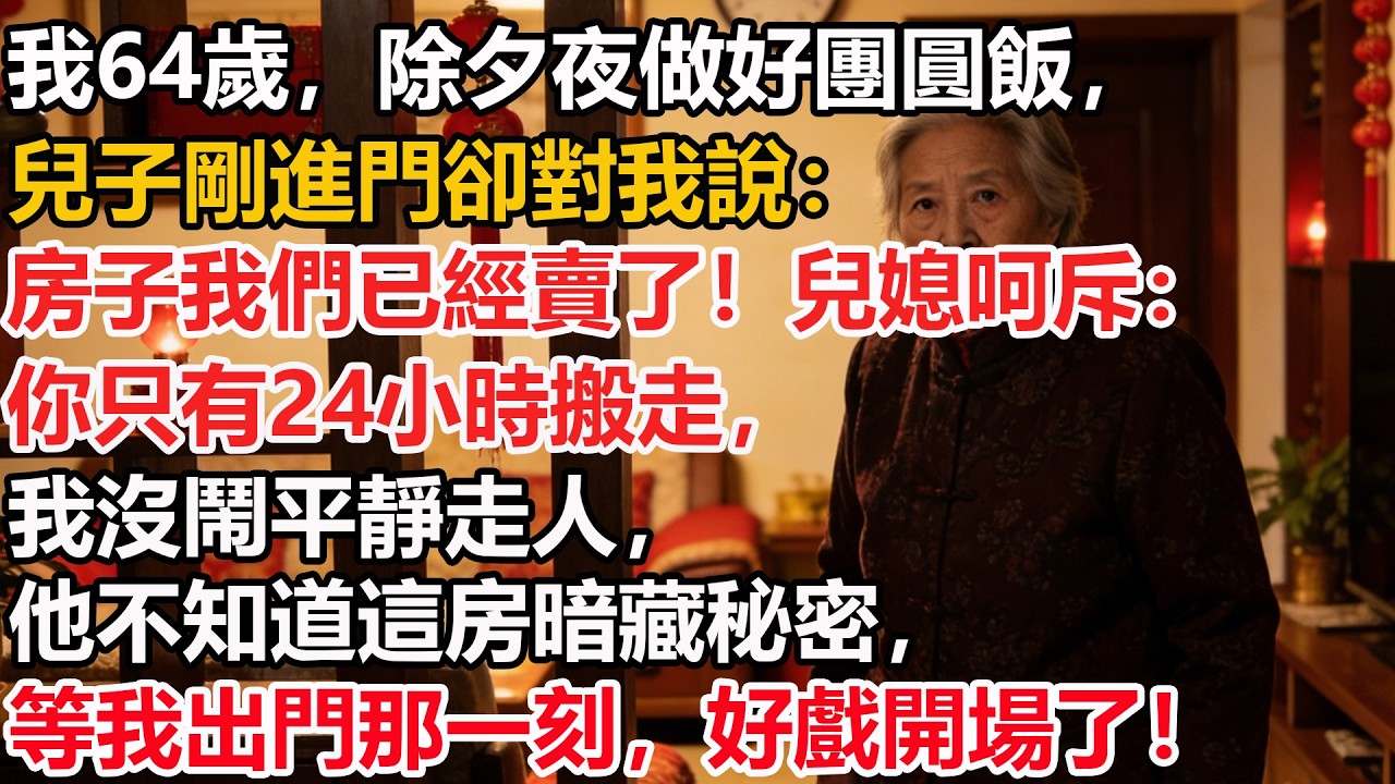 我64歲，除夕夜做好團圓飯，兒子剛進門卻對我說：房子我們已經賣了！兒媳呵斥：你只有24小時搬走，我沒鬧平靜走人，他不知道這房暗藏秘密，等我出門那一刻，好戲開場了！​