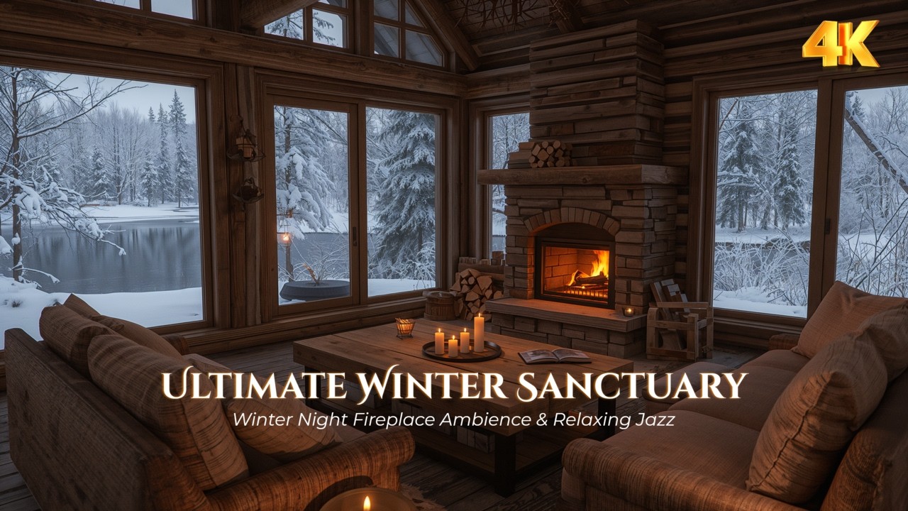 Cozy Cabin Blizzard Fireplace ❄️ Winter Jazz Music & Heavy Snowfall Sounds (3 Hours) [4K]