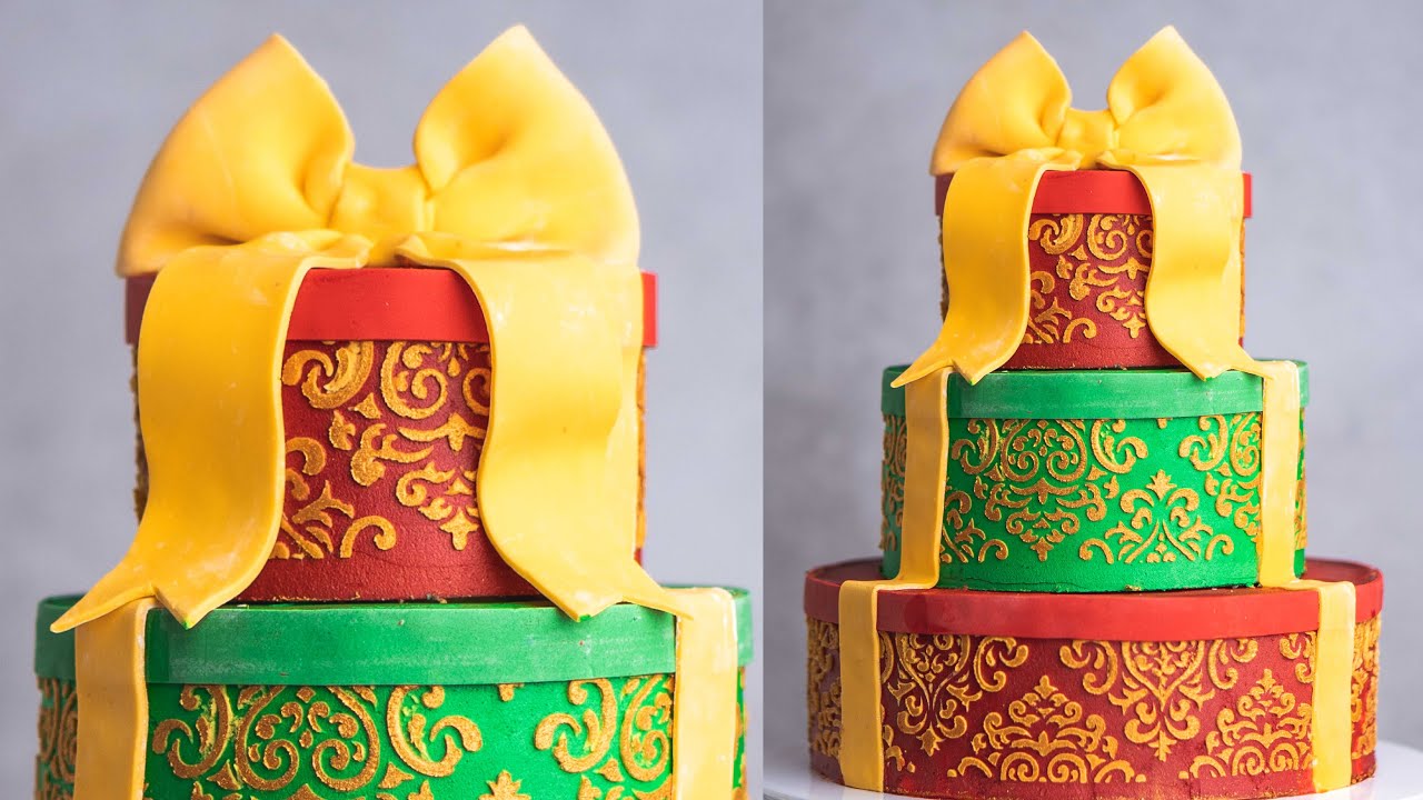 Cake Art- Christmas Stencilled Gift Box Cake Tutorial with Rosie's Dessert Spot