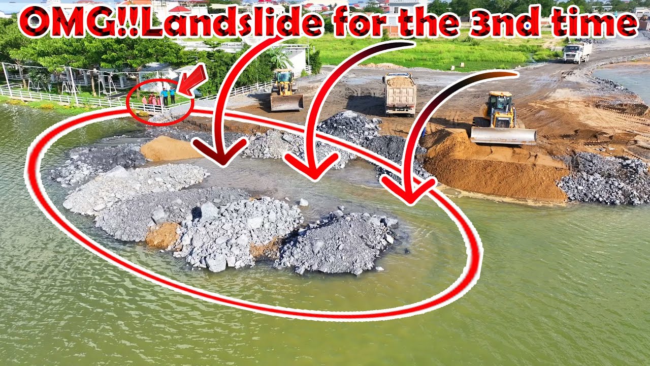 Wow!This morning,Land Sink! Slide Down Again Repaire Back with Trucks &WheelLoader&SHANTUI push rock