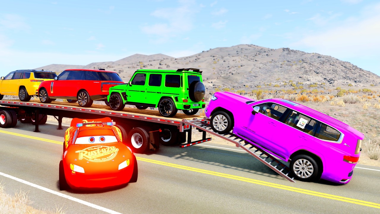 Flatbed Truck McQueen | Transportation with Truck - Speedbumps vs Cars vs Train - BeamNG.Drive #31