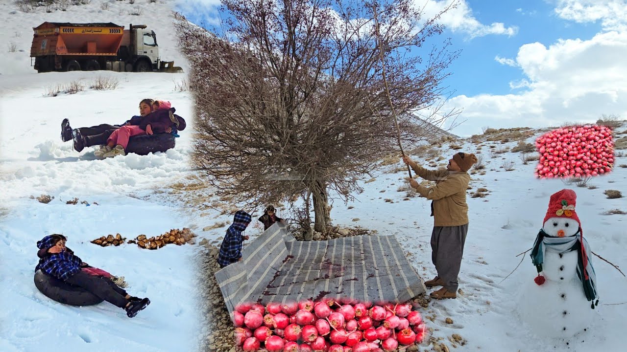 A snowy day with Iranian nomads | Picking wild fruits, sledding on the snow, and building a snowman