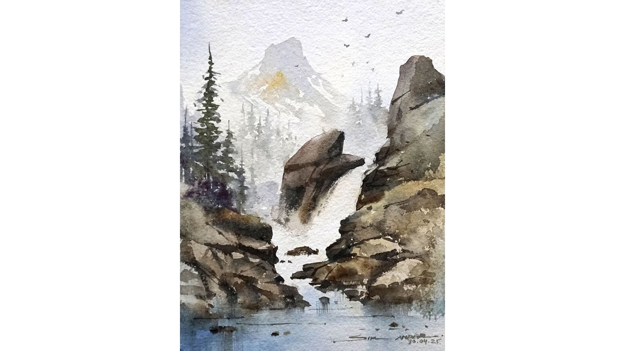 Waterfall Watercolor Landscape Painting