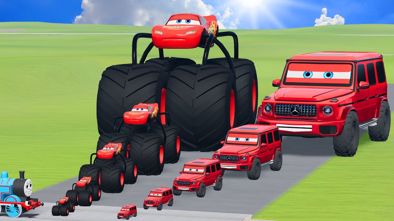 Big & Small McQueen Monster Truck With Big Wheels VS Big & Small Red Vizor Vs Trains | BeamNG.drive