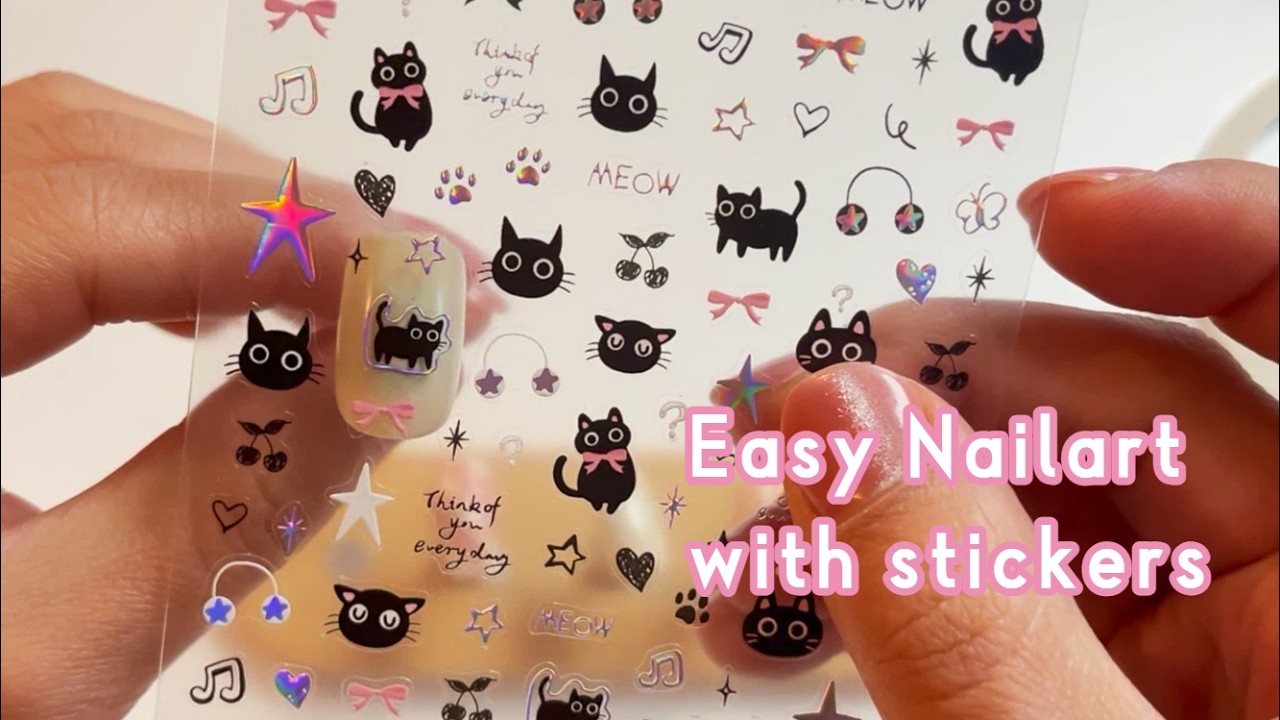 Des Ongles Trop Mignons avec des Stickers Chat💕 DIY Nail Art  #diy #nailstickers #cutenails