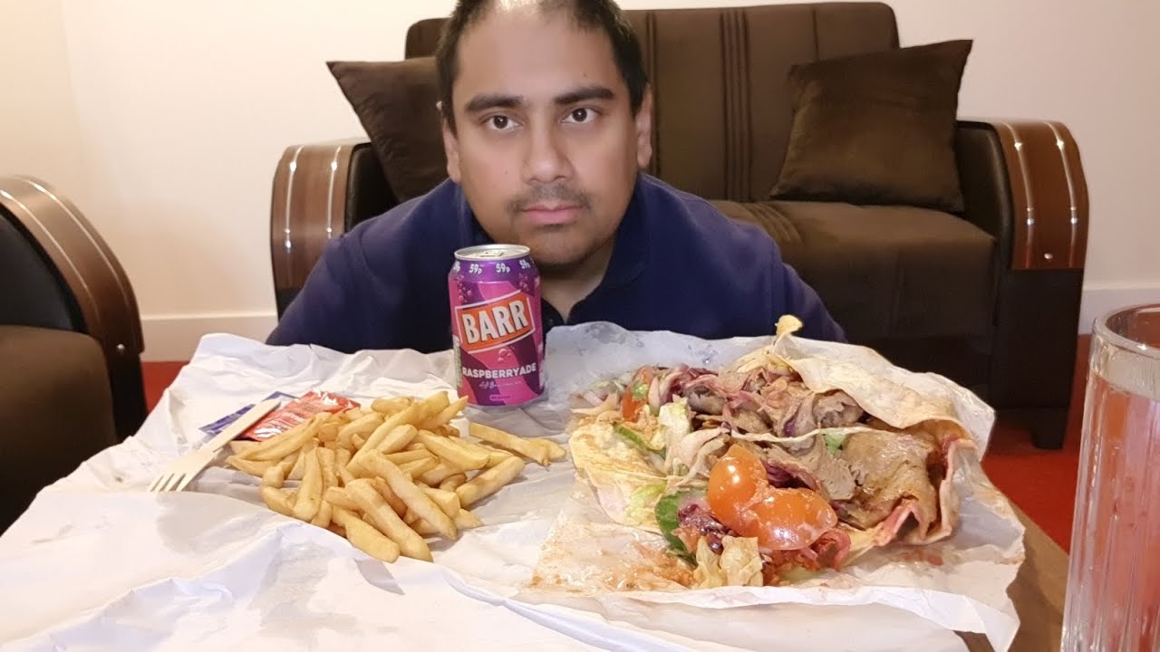 doner kebab wrap with chips mukbang
