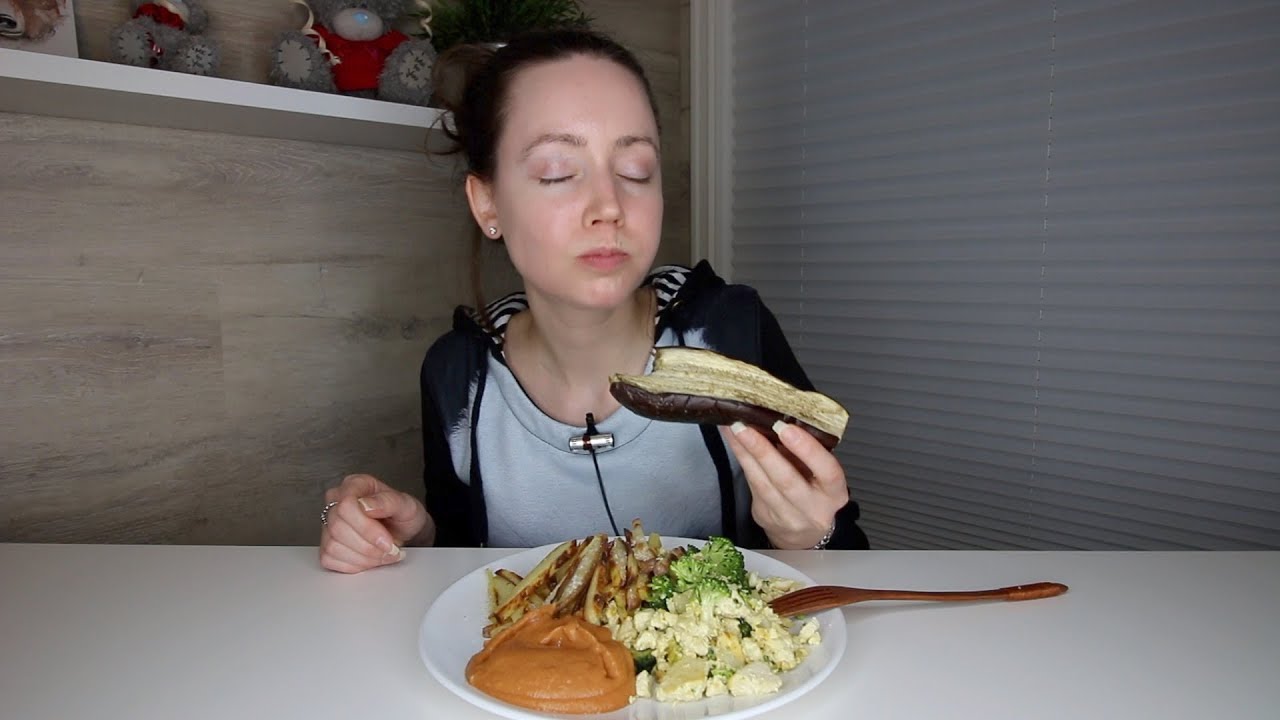 ASMR Whisper Eating Sounds | French Fries, Scrambled Broccoli Tofu & Baked Eggplant | Mukbang