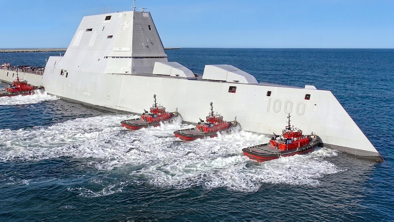 US Navy Moving New Massive Stealth Ship from Dock to Sea for the First Time