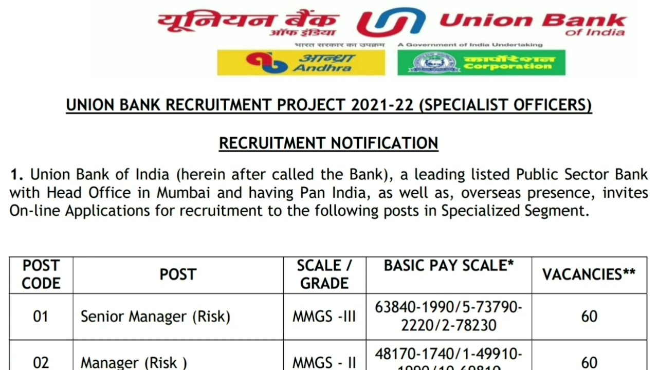 Union Bank Recruitment 2021 Notification | Manager | Specialist Officer | B.Tech Fresh Graduates SO