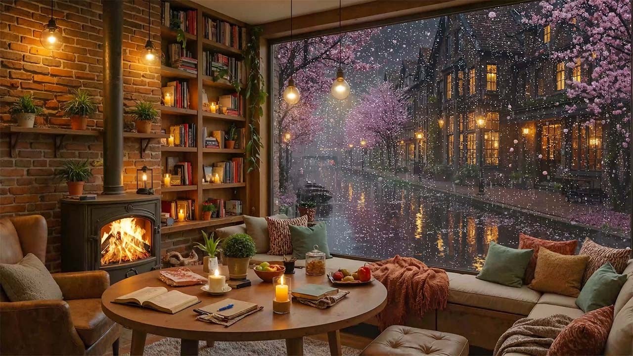 Cozy Rainy Night Coffee Shop Jazz Ambience | Gentle Fireplace Sounds for Study, Work & Rest