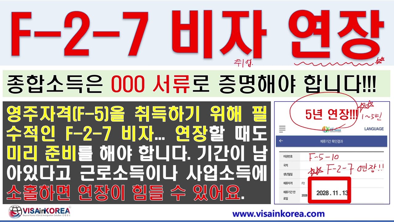 5년 연장 받은 취업과 사업이 자유로운 F-2-7 비자(점수제 거주비자): F-2-7 비자의 연장, 종합소득은 꼼꼼히 준비해야 합니다__장행닷컴 행정사 VISA in KOREA