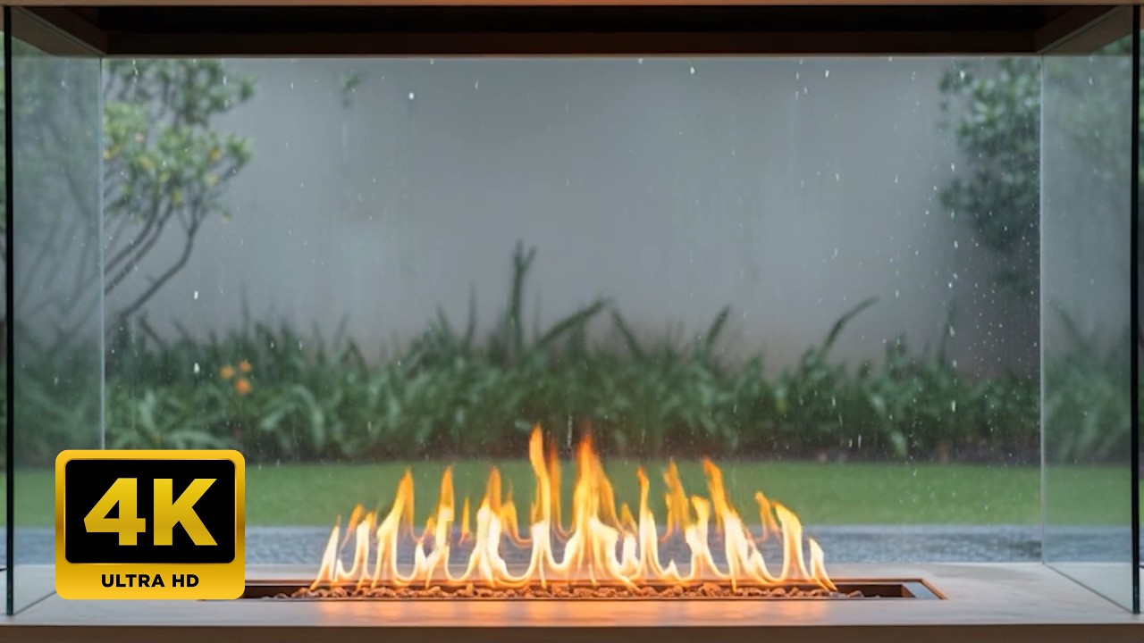 4K Cozy Fireplace Behind Glass 🌧️🔥 Rain, Fire & Thunder | Relaxing Home Ambience (1 Hour)