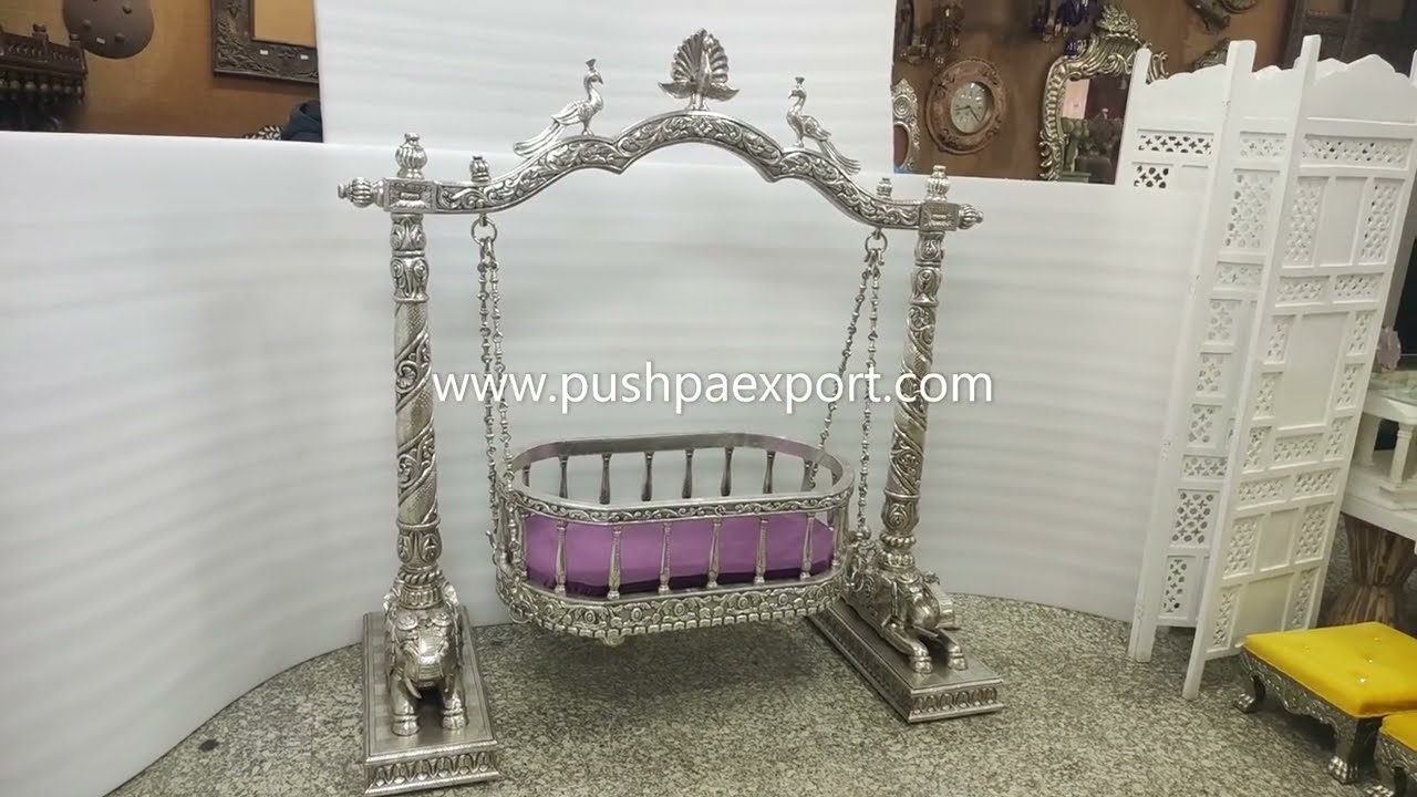Silver Carved Wooden Baby Cradle #silvercarvedwoodenbabyswing #silverbabyswing