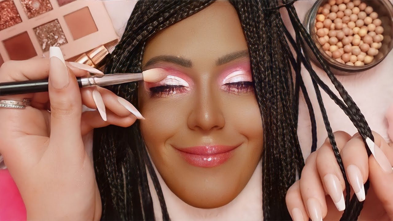 ASMR Sparkly Pink Makeup & Braid Hairplay on Mannequin (whispering, tapping, makeup sounds)
