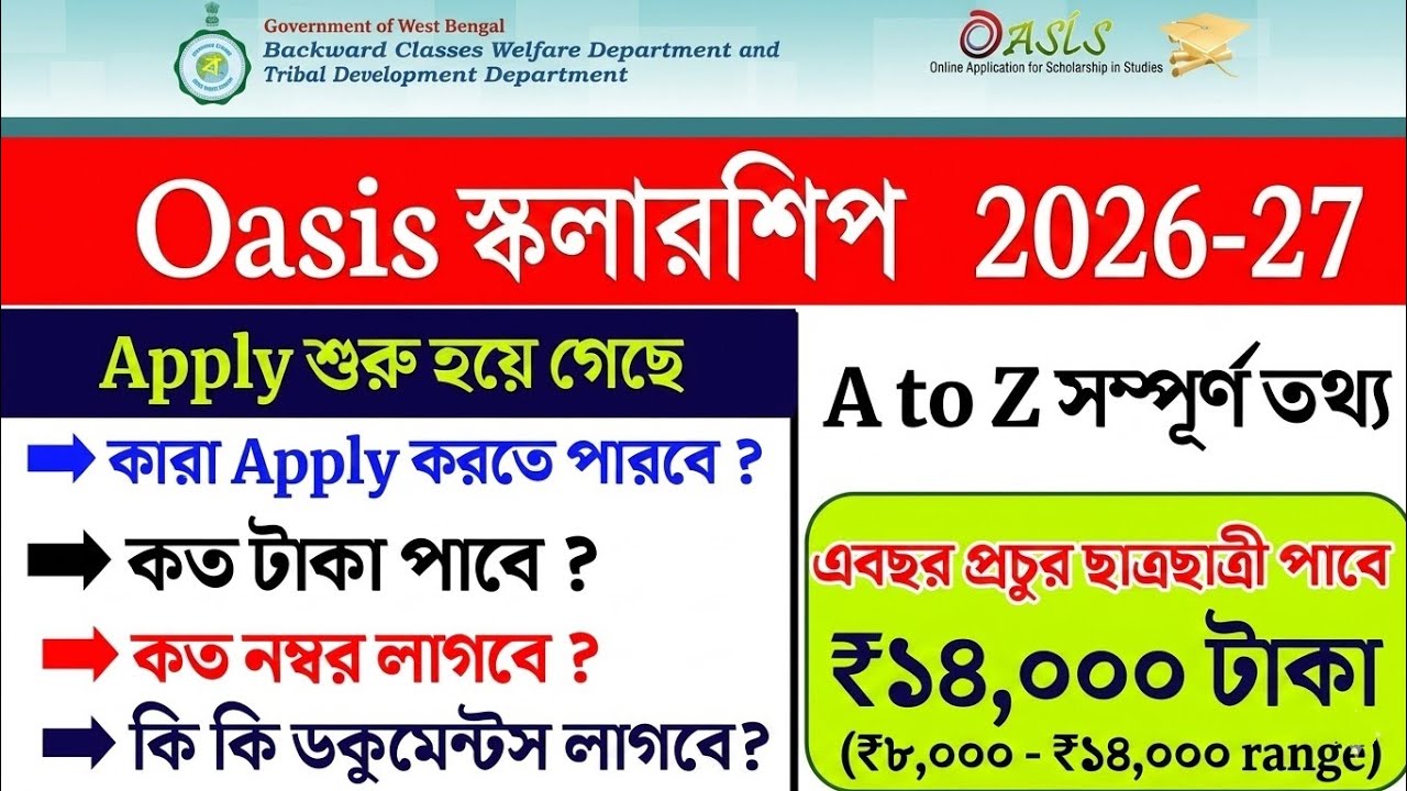 Oasis Scholarship 2026-27 | Oasis scholarship 2026 online apply | sc st obc scholarship 2026-27