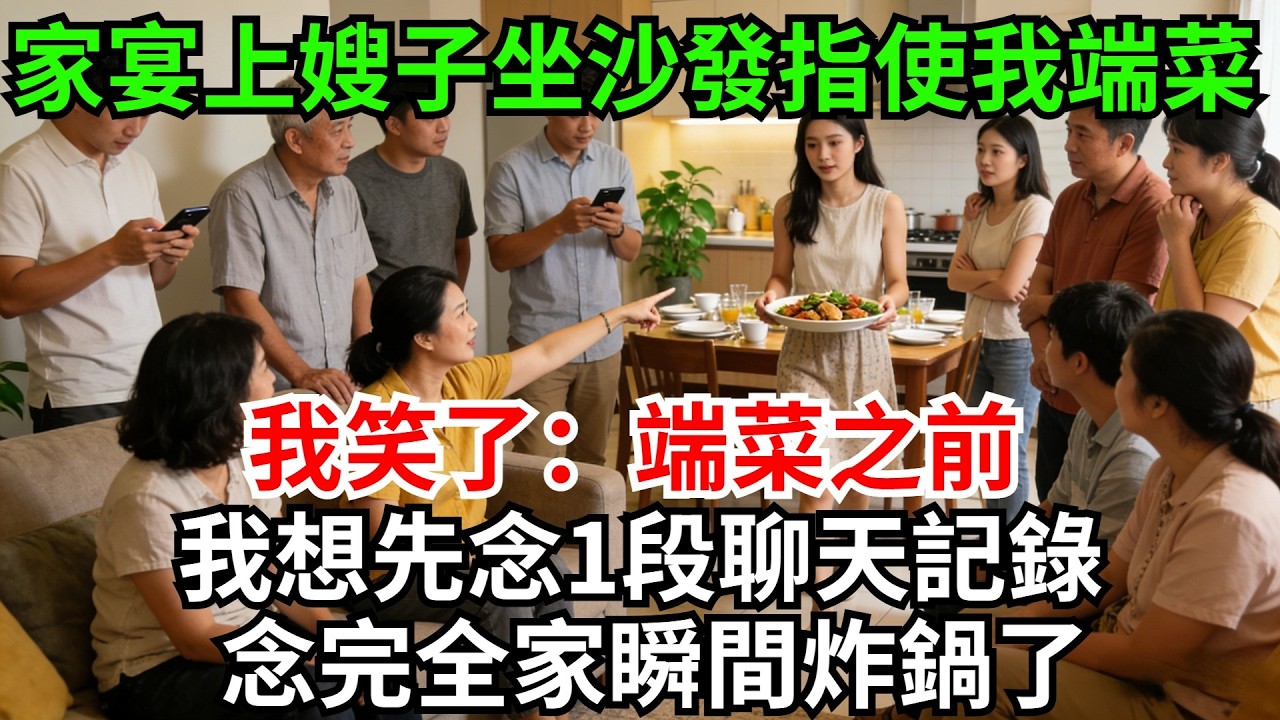 家宴上，嫂子坐沙發指使我端菜，全家十幾口都旁觀，我笑了：端菜之前，我想先念一段聊天記錄，嫂子，您不介意吧？念完全家瞬間炸鍋了!#完結故事#情感故事#爽文#婆媳關系#家庭生活#故事頻道#故事分享#情感