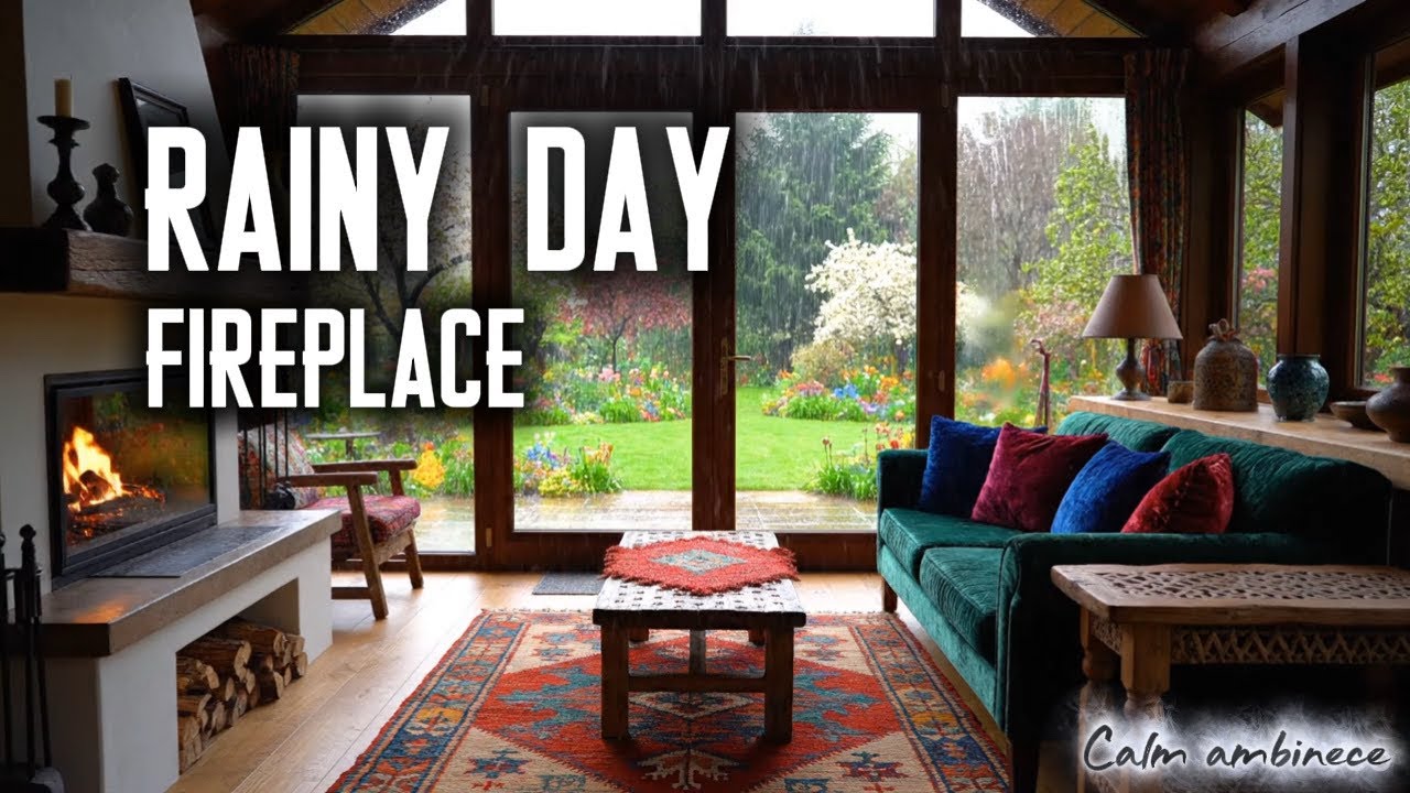 Rainy Day | fireplace | Soft Piano & Nature Ambience | cozy garden | روز بارانی کنار شومینه 