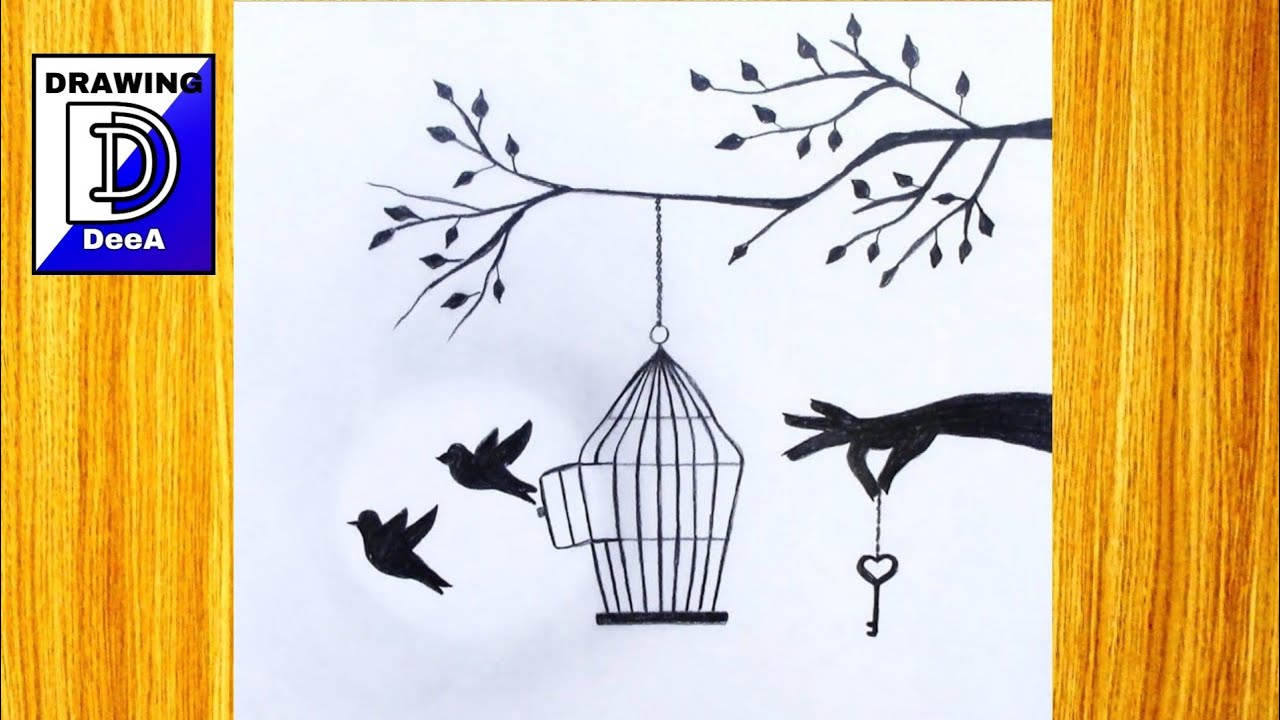 EASY drawing Birds got freedom from the Cage/ Easy drawings for girls tutorial/ Pencil drawing