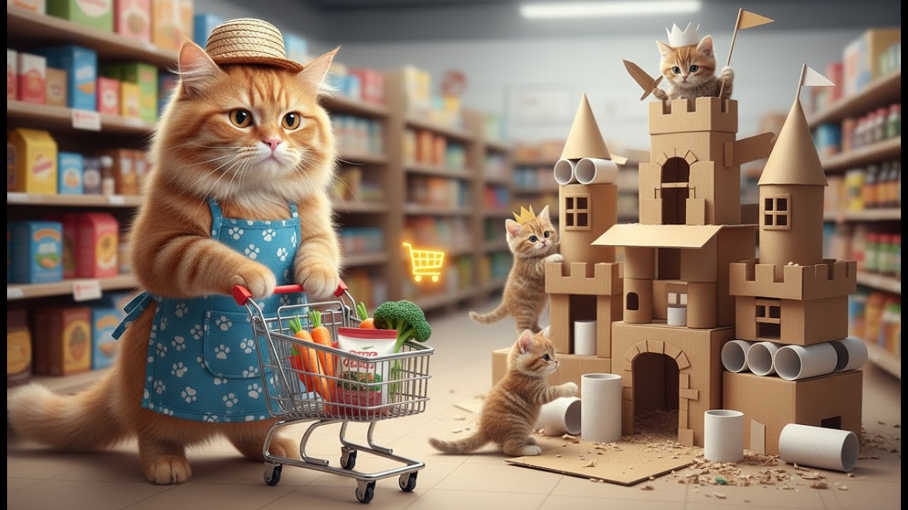 Mama Cat goes to the mini supermarket with tiny cart 🛒🥕🐾 as Kittens build a Cardboard Kingdom.