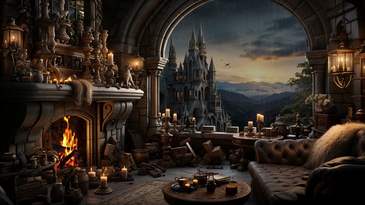 Majestic Castle View from Cozy Stone Room | Warm Fireplace & Sunset Ambience for Relaxation & Sleep
