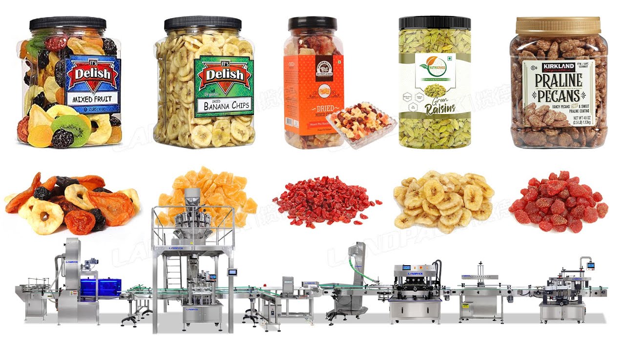 Automatic Granule Dried Fruit Nuts Gummy Bottle Jar Filling Capping Lableing Machine Production Line