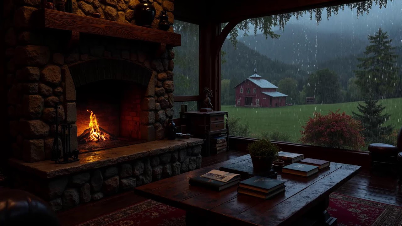 Rainstorm in the Woods Around a Cabin🌧️Heavy Rain & Fireplace Crackling, Deep Sleep White Noise