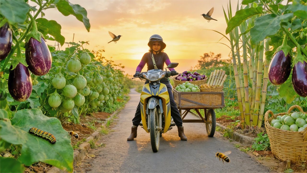 Harvest A Truckload Of Sugarcane, Green & Puprle Eggplant To Sell At Market - Plant Chayote