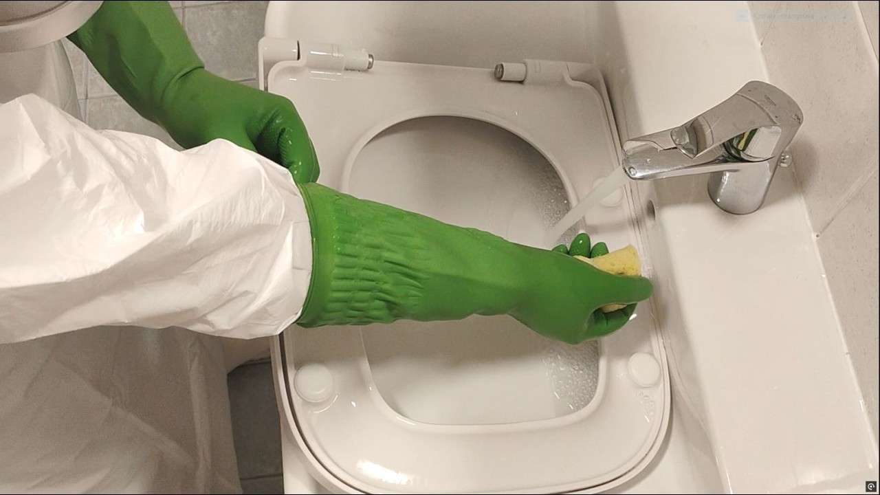 Deep Cleaning Of The Toilet with Double Layer of Gloves and Gas Mask