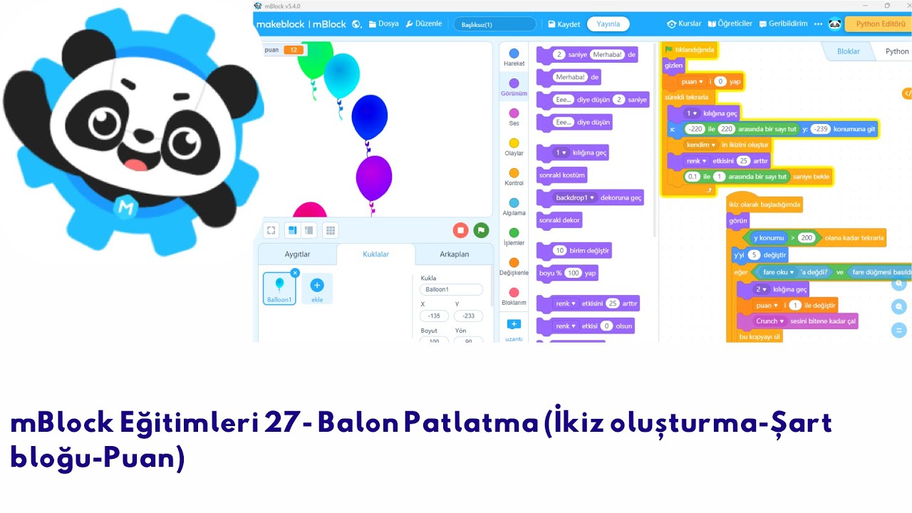 mBlock Eğitimleri 27-Balon Patlatma(İkiz oluşturma-Şart bloğu-Puan)