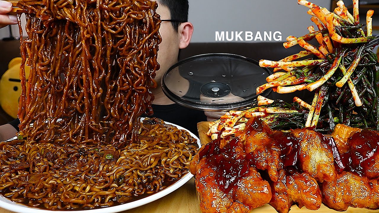 ASMR MUKBANGㅣSPICY BLACK BEAN NOODLES & Kkanpunggi & Green onion kimchiㅣEATING SHOW