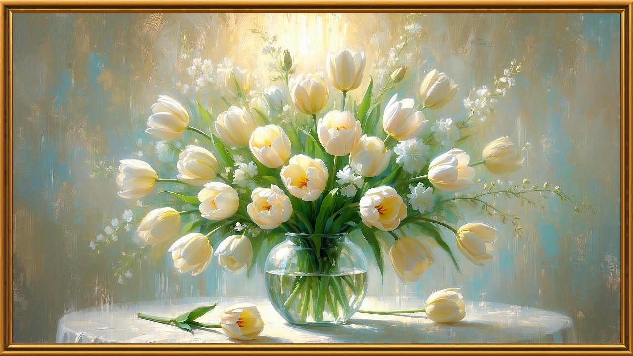 Dreamy White Tulips Painting | Vintage Spring Floral Frame TV Art | 4K Elegant Screensaver