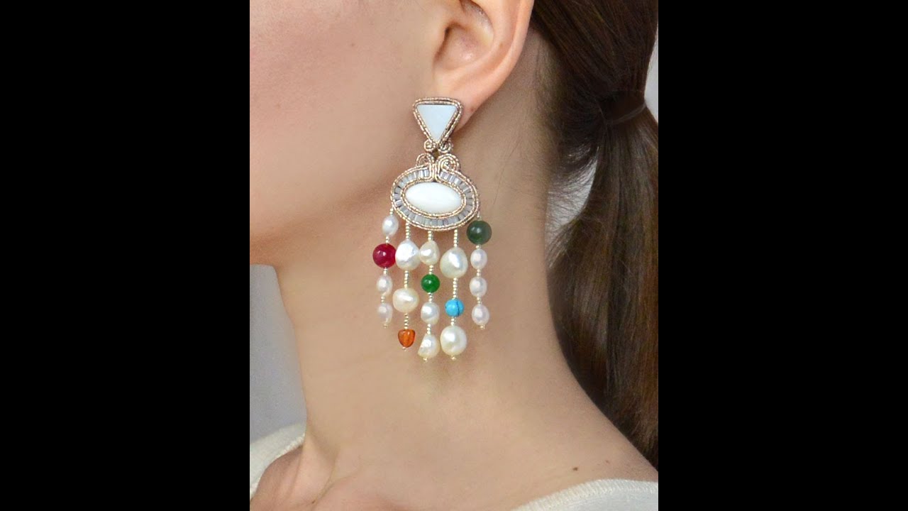 Beaded chandelier earrings with pearls and natural stones Olga Sergeychuk Jewelry