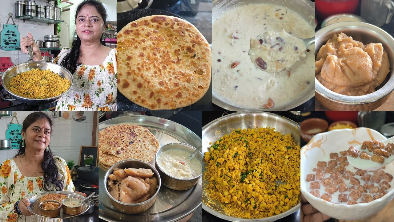 hamare yaha yhi banta hai ghar ki yaad +Breakfast🍱 chana dal paratha🌺 chawal ki kheer🌺 aate ka halwa