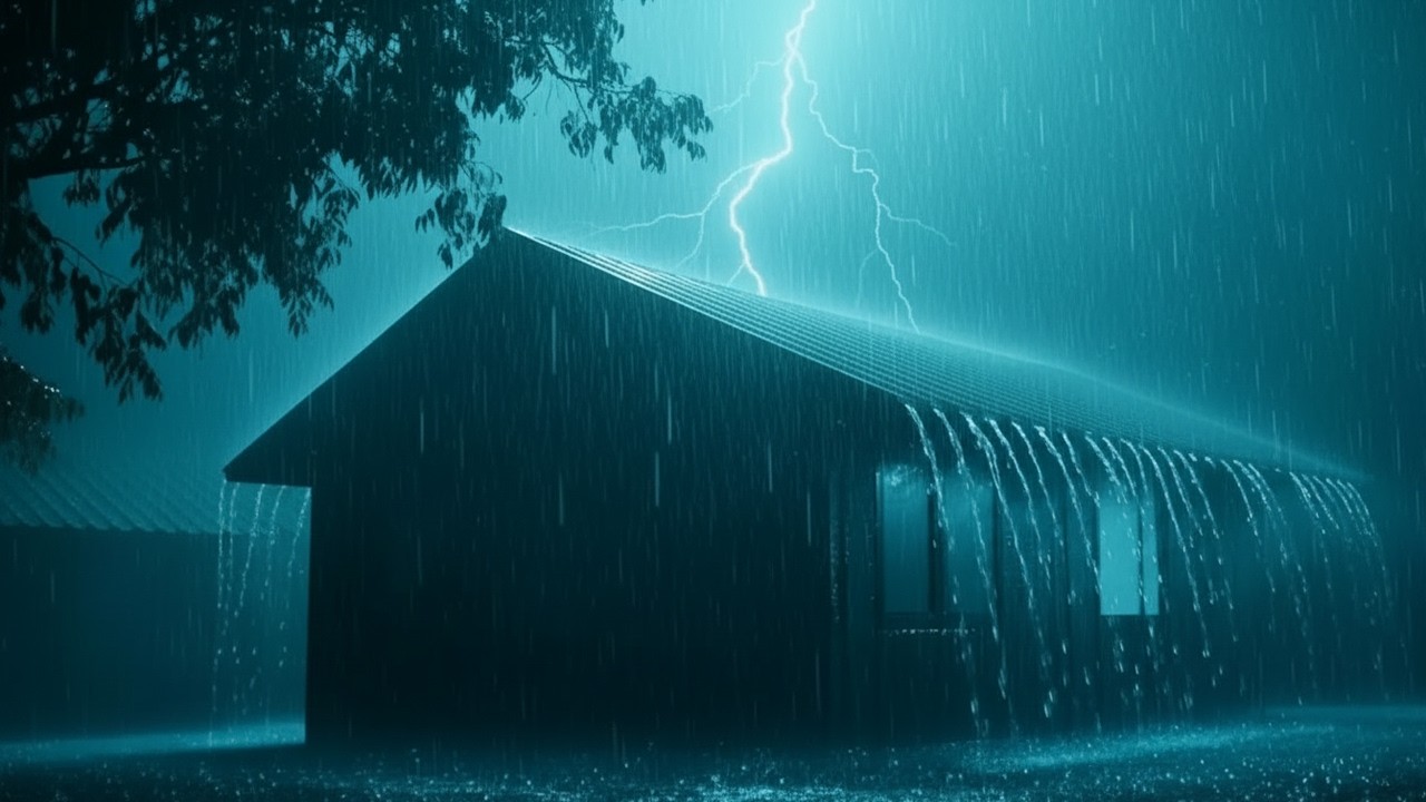 Heavy Rain and Rolling Thunder on a Tin Roof at Night for Sleeping and Relaxation