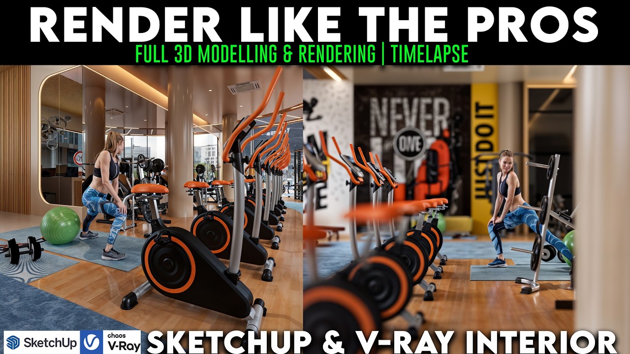 Modern Gym  Interior MODELING, TEXTURE, RENDERING | SketchUp & V-Ray Timelapse