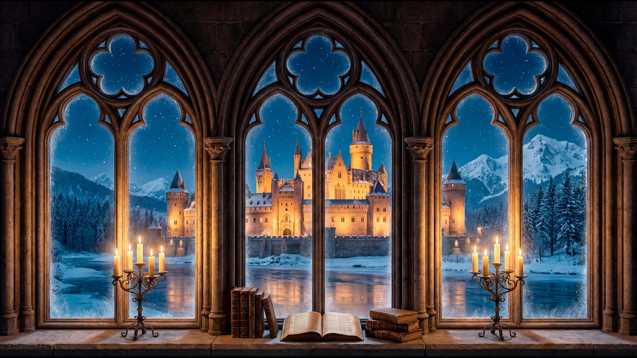 Medieval Winter Night Castle Ambience 🏰❄️ | Candlelight Window, Snowfall & Study Music
