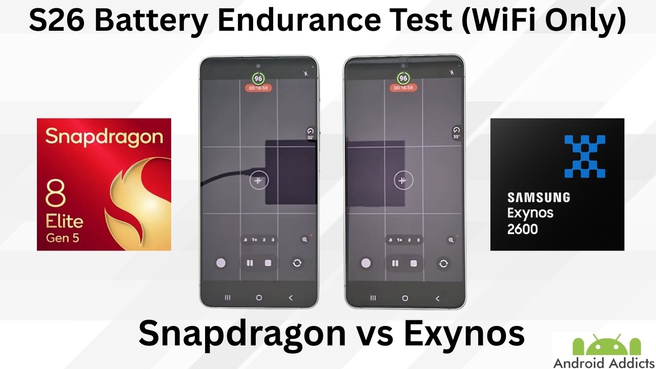 Тест на выносливость батареи S26 Exynos 2600 против Snapdragon 8 Elite Gen 5 (только Wi-Fi)