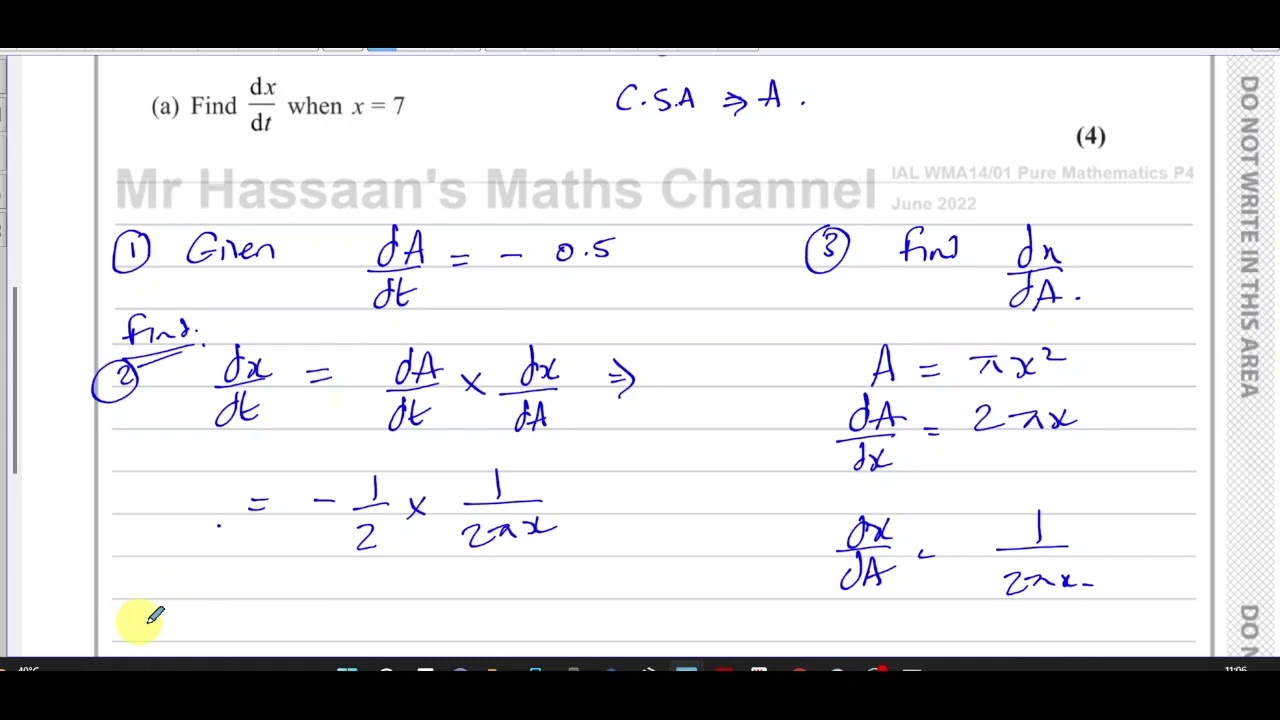 WMA14/01, IAL, (Edexcel), P4, June 2022, Q3, Differentiation, Related Rates of Change