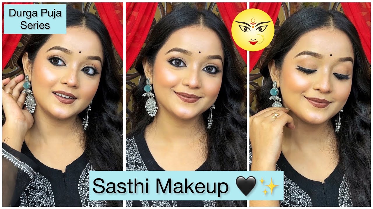 Sasthi Makeup Tutorial For Durga Puja | Black Chikankari Kurti Look | Makeup For Begginers 🖤✨