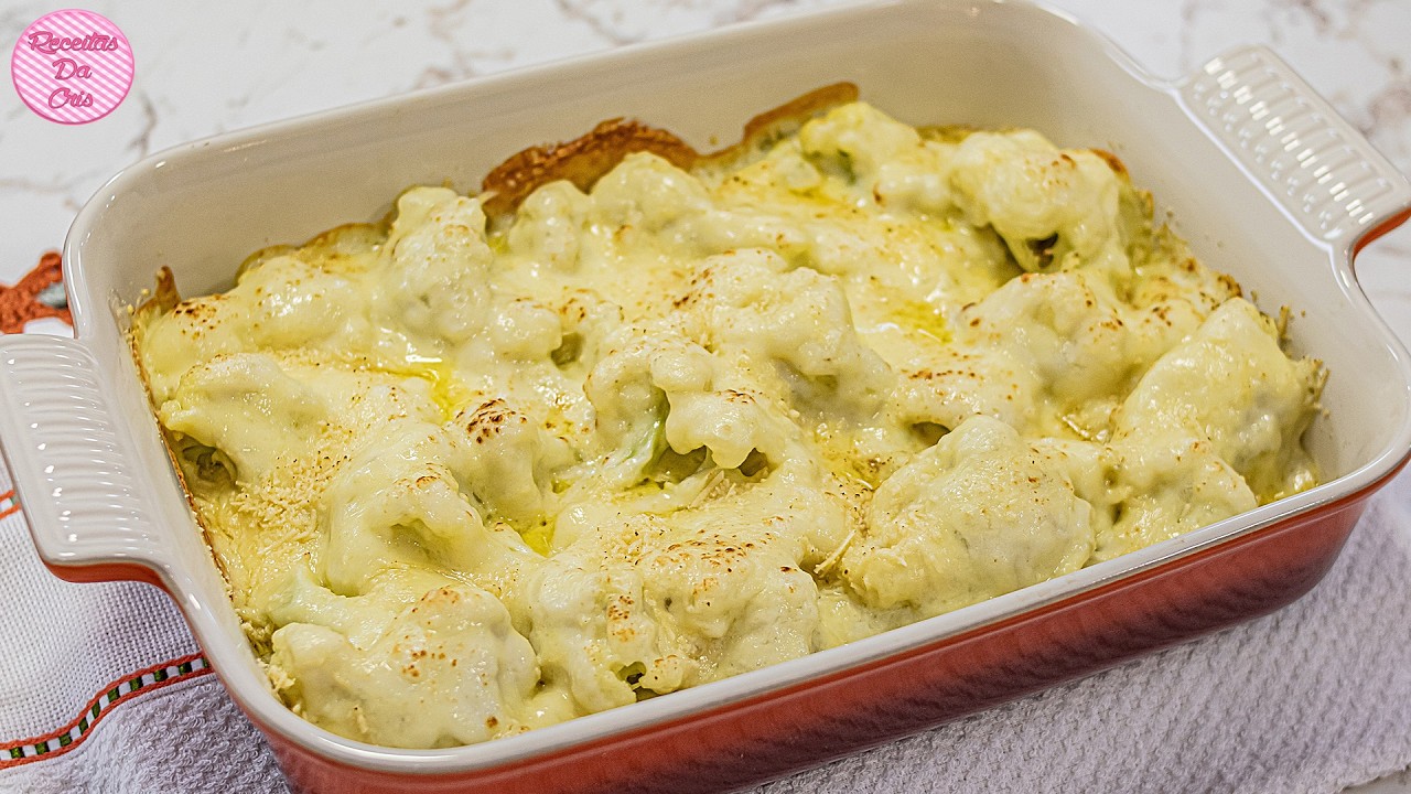 COUVE-FLOR GRATINADA COM QUEIJO E MOLHO BRANCO, RECEITA SIMPLES FÁCIL RÁPIDA E DELICIOSA!