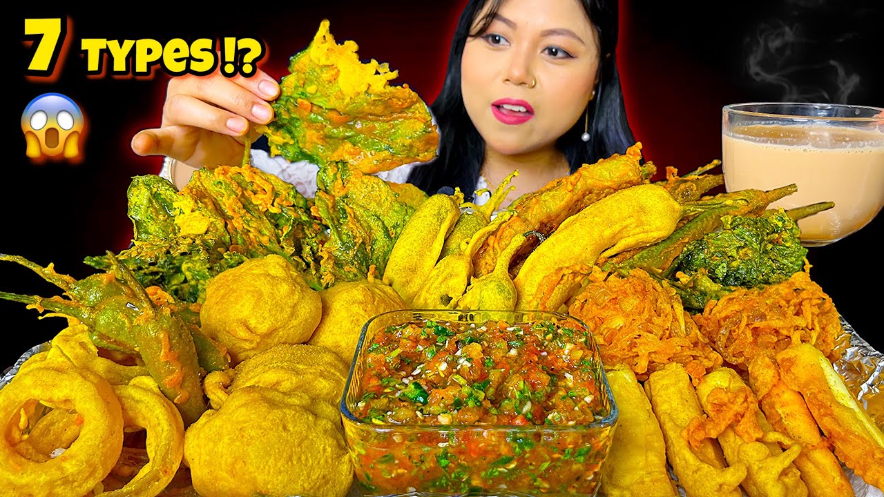 Can I Finish 7 Types of Pakora with Spicy Chutney & Chai ?😳🔥 | Mukbang ASMR