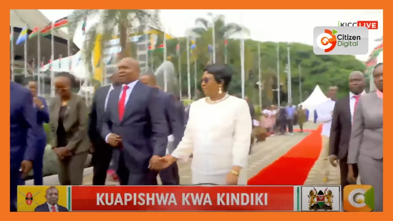 DP designate Kithure Kindiki and his Joyce Kithure walk into stage for swearing-in